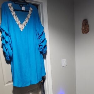 Lola Turquoise V-Neck Tunic with Patterned Trim Cruise Vacay Holidays